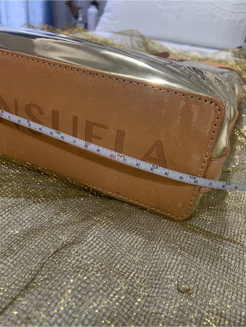 Consuela Shiny Gold Tote with Tan Trim - Picture 9 of 14